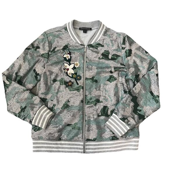 Boston Proper Sequin Camo Zip Varsity Jacket Size Large Embellished Floral - Picture 1 of 10